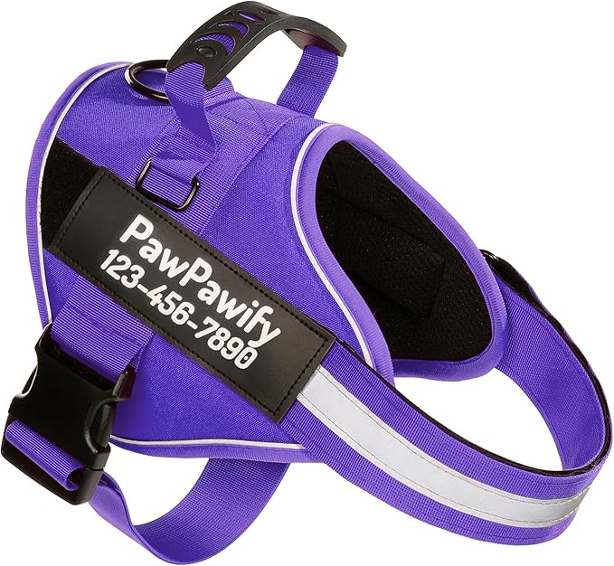 PawPawify Custom No Pull Dog Harness with Name and Phone Number, Heavy Duty Personalized Pet Vest to Prevent Tugging, Pulling, or Choking, Training and Walking (New Purple, L (Chest 23-30in))