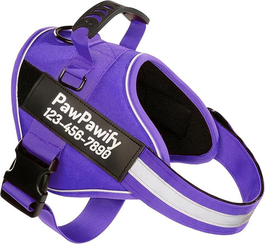 PawPawify Custom No Pull Dog Harness with Name and Phone Number, Heavy Duty Personalized Pet Vest to Prevent Tugging, Pulling, or Choking, Training and Walking (New Purple, L (Chest 23-30in))