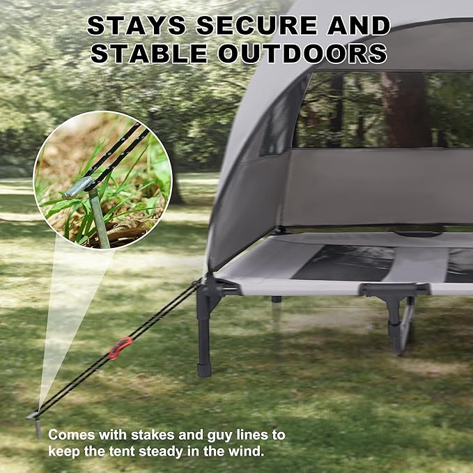 Large Raised Dog Bed with Removable Shade Canopy, Breathable & Waterproof Outdoor Pet Cot for Dogs up to 110 Lbs, Durable Steel Frame Dog Camping Bed for Lawn, Porch, Beach or Indoor Resting