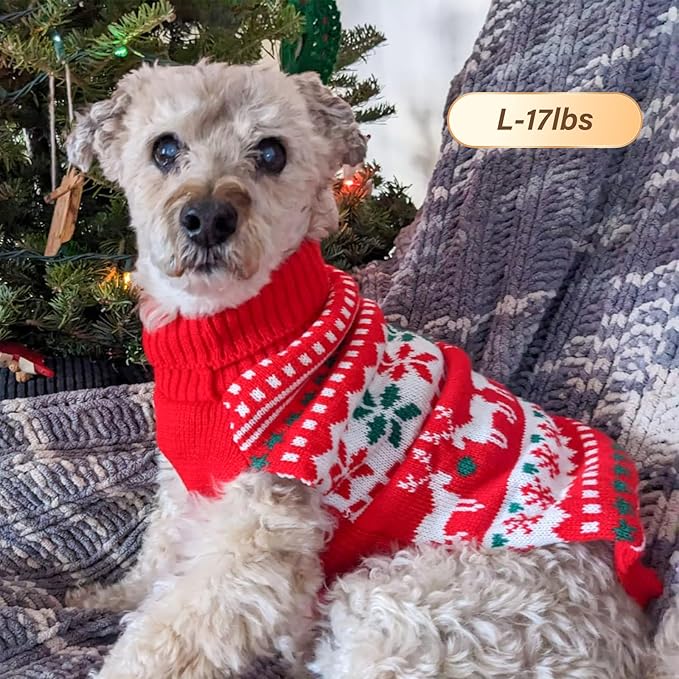 KYEESE Dog Christmas Sweater, Warm Turtleneck Dog Sweater for Small Dogs Boy Girl with Snowflake Reindeer Pattern, Winter Doggie Knitwear with Leash Hole, Soft Cozy Pet Clothes, Large