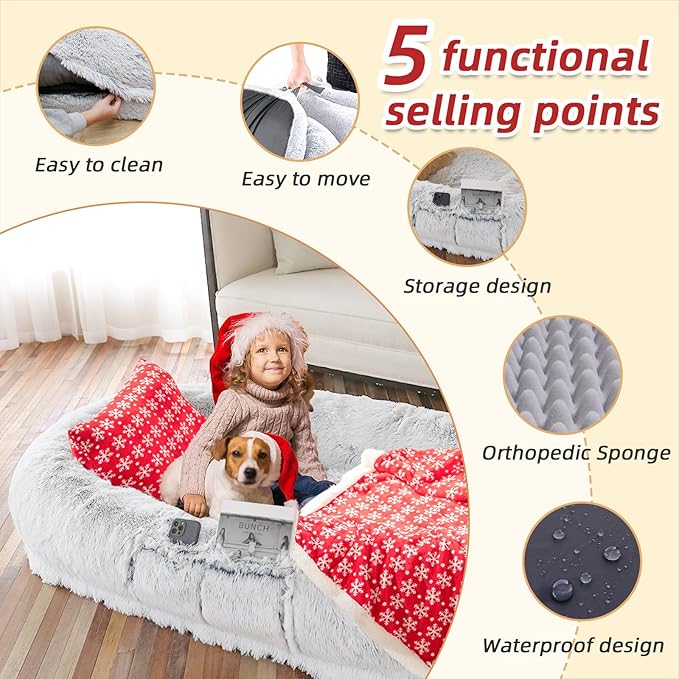 Human Dog Bed - 71"x45"x12" Orthopedic Bed for Humans & Pets, Washable, Plump Pillow, Blanket, Strap - Grey