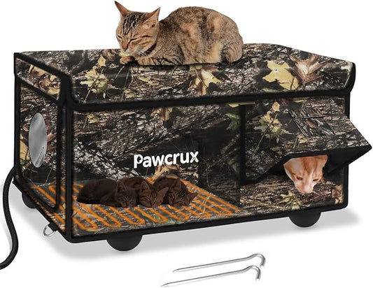Heated Cat House for Outside with Dual Doors, Insulated Cat House Outdoor with Heating Pad, Weatherproof Heated Outdoor Cats Houses Waterrproof for Feral Cats (Leaf, 25" L x 16" W x 13" H)