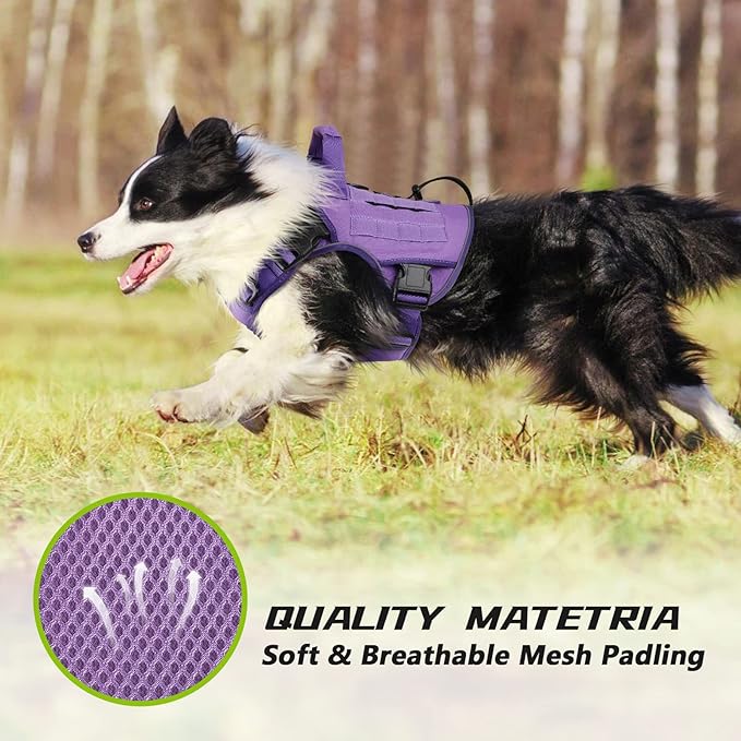 WINGOIN Purple Tactical Dog Harness with Handle Tactical Dog Harness for Large Dogs No Pull Adjustable Pet Harness Reflective K9 Military Service Dog Vest for Walking Hiking Training (L)