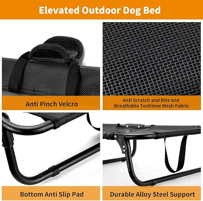 Foldable Elevated Dog Bed, No Assembly Need, Waterproof Folding Raised Dog Bed, Outdoor Dogs Cot Cooling Pet Hammock Bed with Breathable Mesh for Small Medium Size Dogs, Chew-Proof, Black