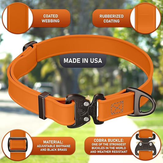 Biothane Dog Collar with Cobra Buckle - Made in USA - QR Code Dog Tag ID Included - Adjustable Heavy Duty Dog Collars for Medium Large Dogs - Waterproof Military Grade Tactical (3/4", Orange)