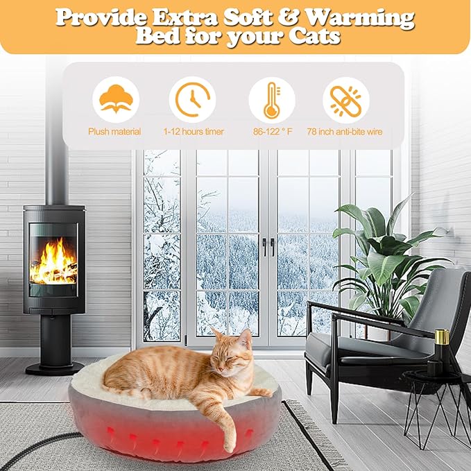 YUEPET 19" Heated Cat Bed Indoor, Donut Heated Pet Beds with Temp Adjustable & Timer, Calming Kitty Heating Bed Heating Pet Bed for Kittens Elderly Cats Non-Slip Grey Cats Nest