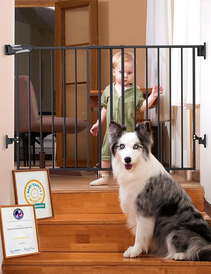 Babelio Baby Gate for Stairs, Kitchen & Doorways, No Bottom Bar| Easy Installation| One-Handed Operation| Auto-Close| Hardware Mount (Drill Needed) Safety Dog Gate (Black-B17, 29-49" W, 28" H)