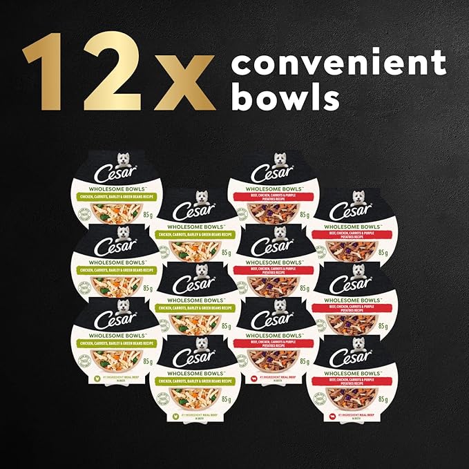 Cesar Wholesome Bowls Adult Wet Dog Food, Chicken, Carrots, Barley & Green Beans Recipe and Beef, Chicken, Purple Potatoes & Carrots Recipe Variety Pack, 3 oz., 6 Count