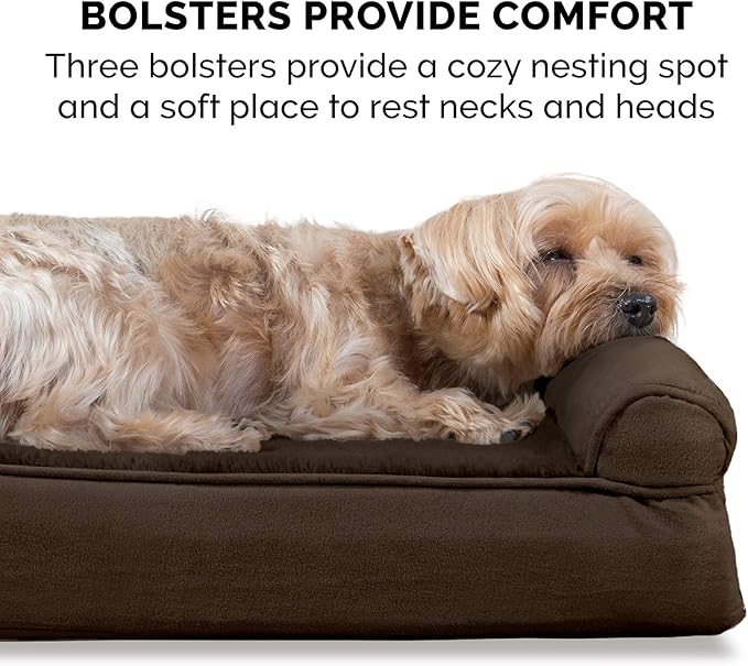 Furhaven Memory Foam Dog Bed for Large/Medium Dogs w/ Removable Bolsters & Washable Cover, For Dogs Up to 55 lbs - Plush & Suede Sofa - Espresso, Large