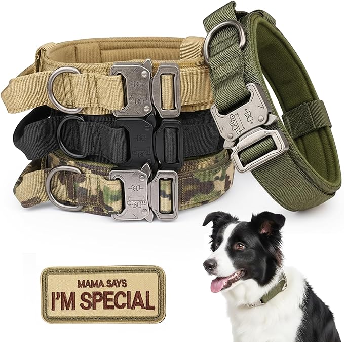 KCUCOP Tactical Dog Collar with Handle,Adjustable Military Dog Collar with Metal Buckle and Patches,Heavy Duty Dog Collars for Large Dogs (Militarygreen-XL)