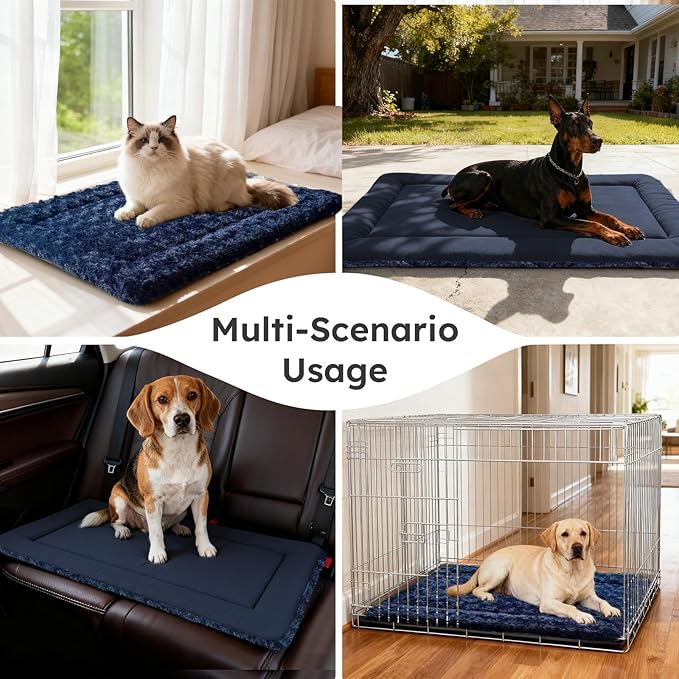 Dog Bed Mat, Dual-Sided Dog Crate Bed Mat - Ultra Soft & Machine Washable Kennel Pad for Small Dogs, All-Season Comfort Pet Bed for Crates, Travel, and Home, Dark Blue 24 x 16 Inch
