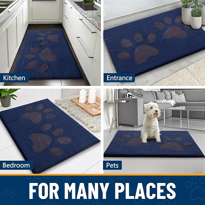 Smiry Dog Door Mat for Muddy Paws 30x20, Dirt Trapper Non Slip Washable Indoor Doormats, Absorbent Entryway Carpet for Inside Floor, Navy Blue
