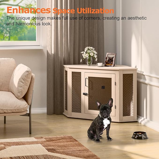 Corner Dog Crate Furniture, 44" Wooden Dog Kennel Furniture End Table with Mesh, Dog Kennel Indoor Furniture for Small Medium Dogs, Modern Decorative Wood Pet House Dog Cage Crate, White
