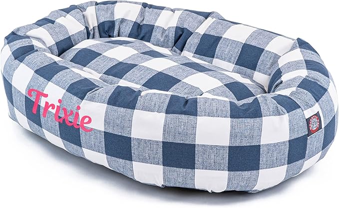 Majestic Pet Anderson Check Personalized Bagel Dog Bed | Donut Style Pet Bed with Custom Embroidered Pet Name | Various Fonts and Thread Colors Available (X-Large, Navy Blue)