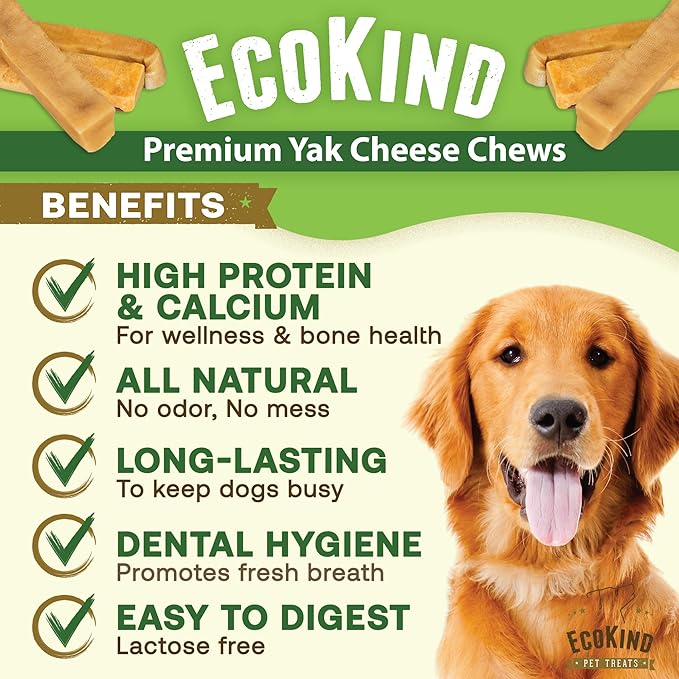 EcoKind Pet Treats Gold Himalayan Yak Cheese Dog Chew, Yak Dog Treats for Active Chewers, 100% Natural & Healthy Chew Sticks for Dogs, Small Yak Cheese Sticks (8 Chews)