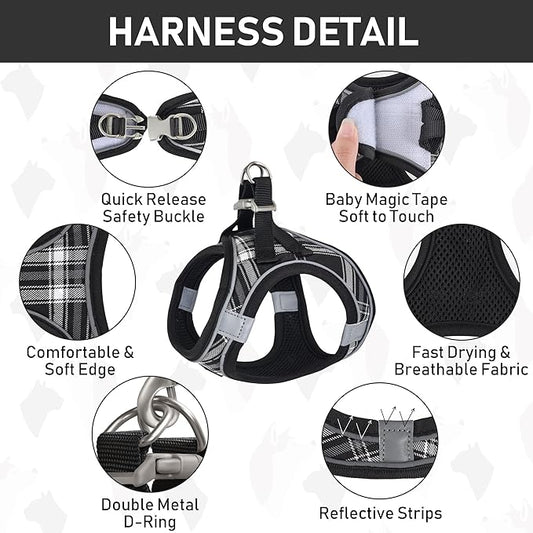 GAMUDA Small Dog Harness Collar and Leash Set, Step in No Chock No Pull Soft Mesh Adjustable Dog Vest Harnesses Plaid Reflective for Dogs Puppy Cats Kitten Rabbit (Black, XS)