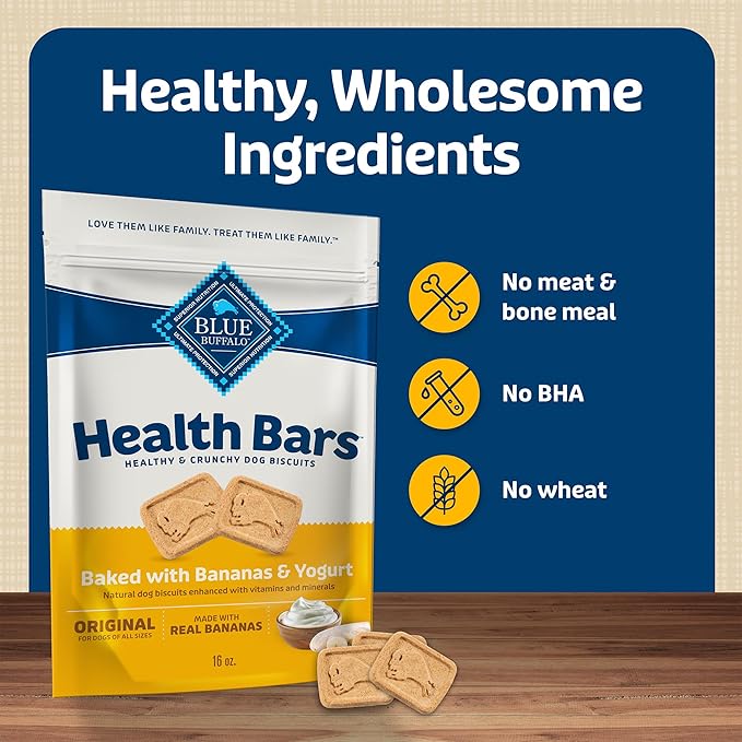 Blue Buffalo Health Bars Crunchy Dog Biscuits, Oven-Baked Dog Treats Made with Natural Ingredients, Bananas & Yogurt, 16-oz Bag