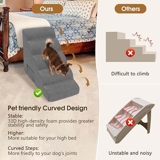 Curved Dog Stairs 22.4 inches High, Dog Ramp Stairs for Small Dogs for High Beds 20-25 inches Tall, Pet Stairs/Steps for Old Dogs Cats, Grey