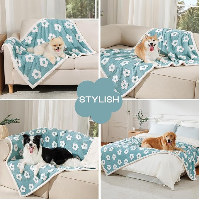 Luciphia Waterproof Pet Blanket for Medium Large Dogs Washable Fluffy Thick Jacquard Shag Fleece Warm Sherpa 3D Textured Flower Print for Cats Puppy Couch Protection (Blue,67x57 inches)