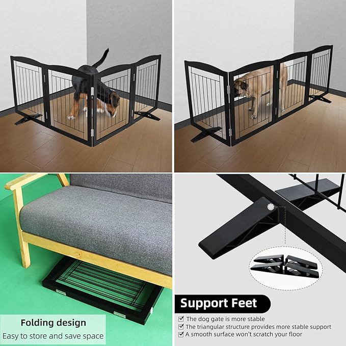 ZJSF Freestanding Dog Fence Indoor, Foldable Dog Gate for Doorways, Stairs or Hallways, Sturdy Wood Extra Wide Pet Gate with Support Feet for The House, Black, 24 "Height-2 Panels