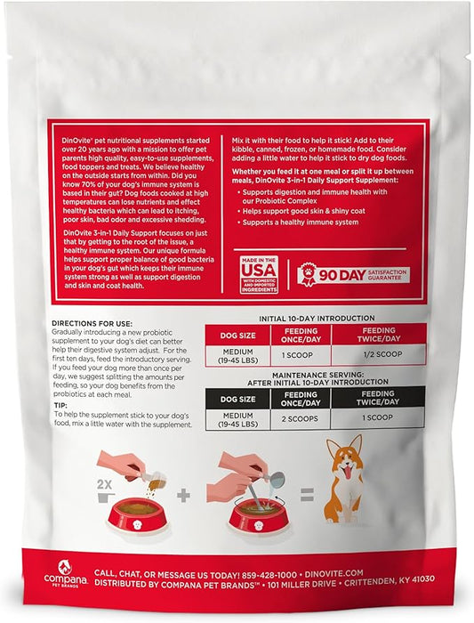 Dinovite 3 in 1 Probiotic for Medium Dogs, Skin & Coat, Digestive Health & Joint Relief, Dog Food Toppers, Immune Support, Allergy Relief & Itch Relief Skin Care, 90 Servings (18-45lb)