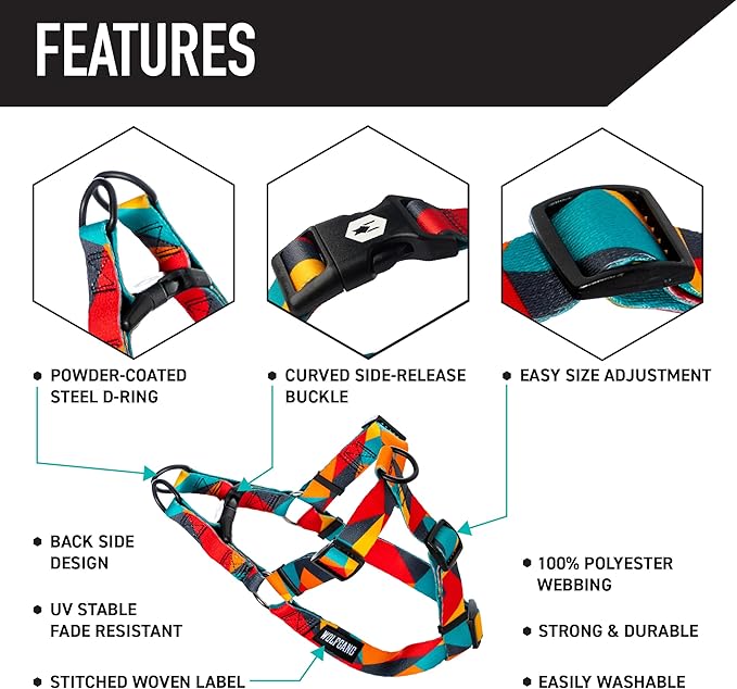 Wolfgang Heavy Duty Adjustable Dog Harness, Pull-Tested to Over 800 lbs for Walking & Training, ShatterShapes Print, Extra Large