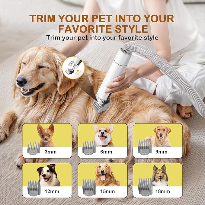 Dog Grooming Vacuum, Dog Grooming Kit with Pet Clipper Nail Grinder, 3 Suction Modes Dogs Brush Vacuum with 6 Pet Grooming Tools (Beige)