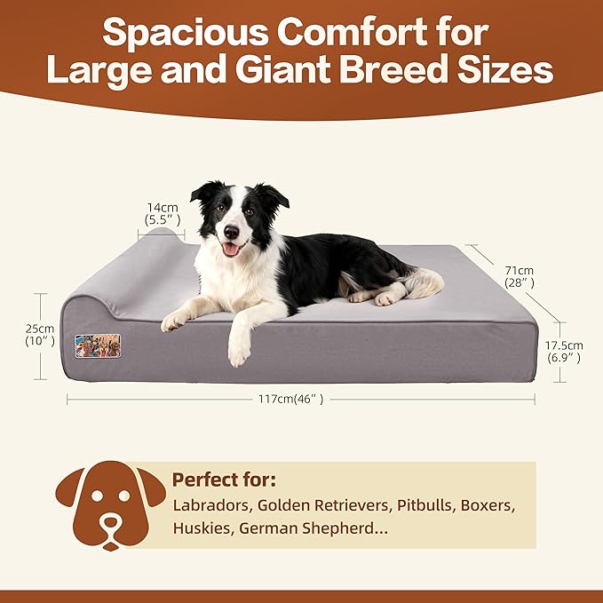 Sytopia XL Orthopedic Memory Foam Dog Bed 35D 46 inch, 7" Thick Extra Large Dog Sofa for Senior Dogs up to 100 lbs, Water Resistant & Washable Cover with Liner, Grey