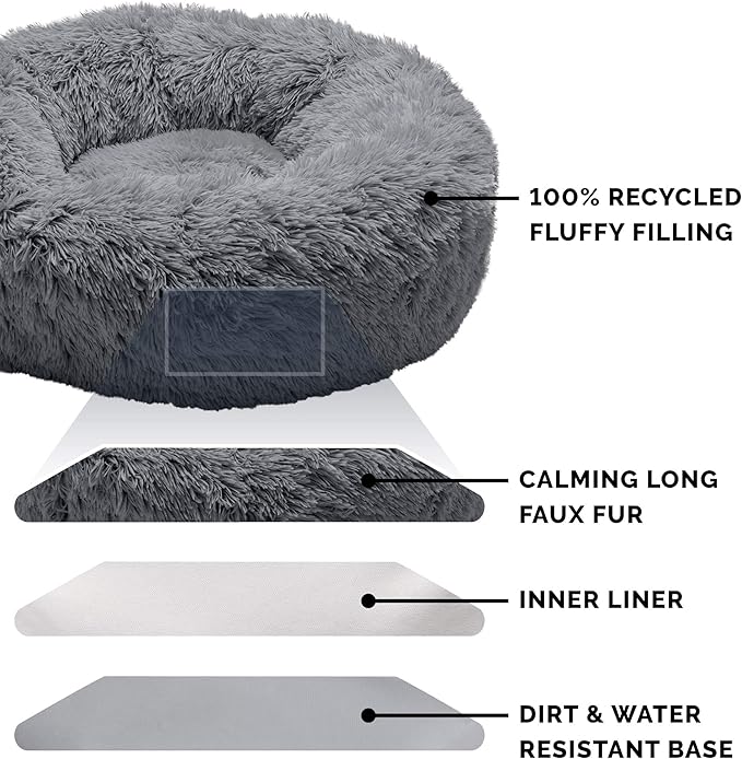 Furhaven 36" Round Calming Donut Dog Bed for Large/Medium Dogs, Refillable w/ Removable Washable Cover, For Dogs Up to 75 lbs - Shaggy Plush Long Faux Fur Donut Bed - Gray, Large