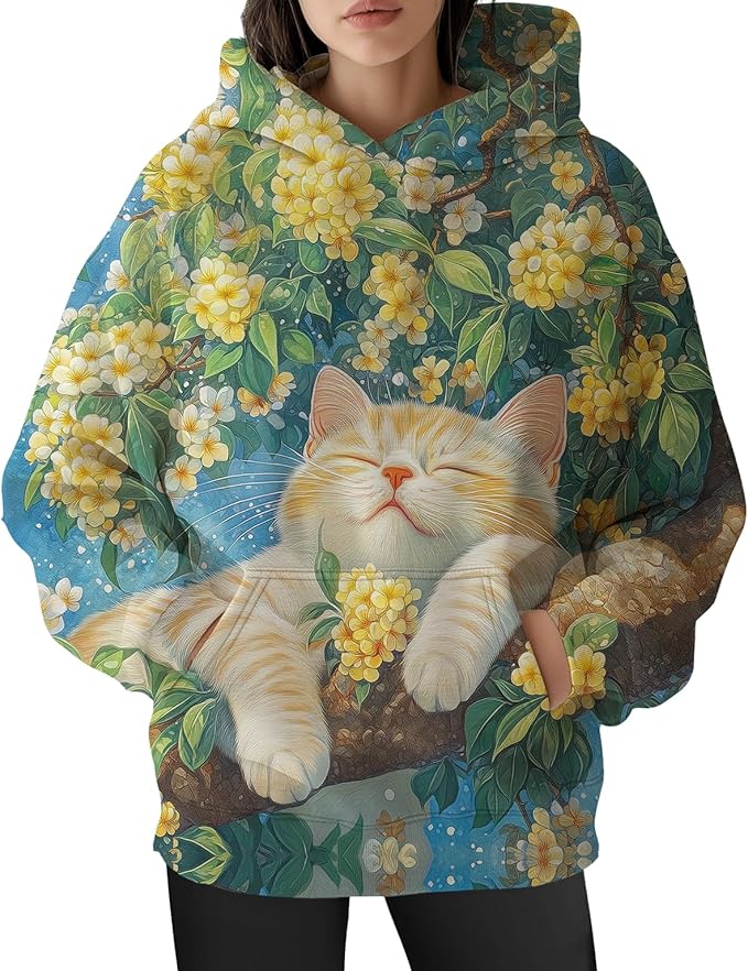 Womens Cat Print Hoodies Trendy Funny Cat Graphic Long Sleeve Sweatshirt Y2k Streetwear Hooded Pullover Tops