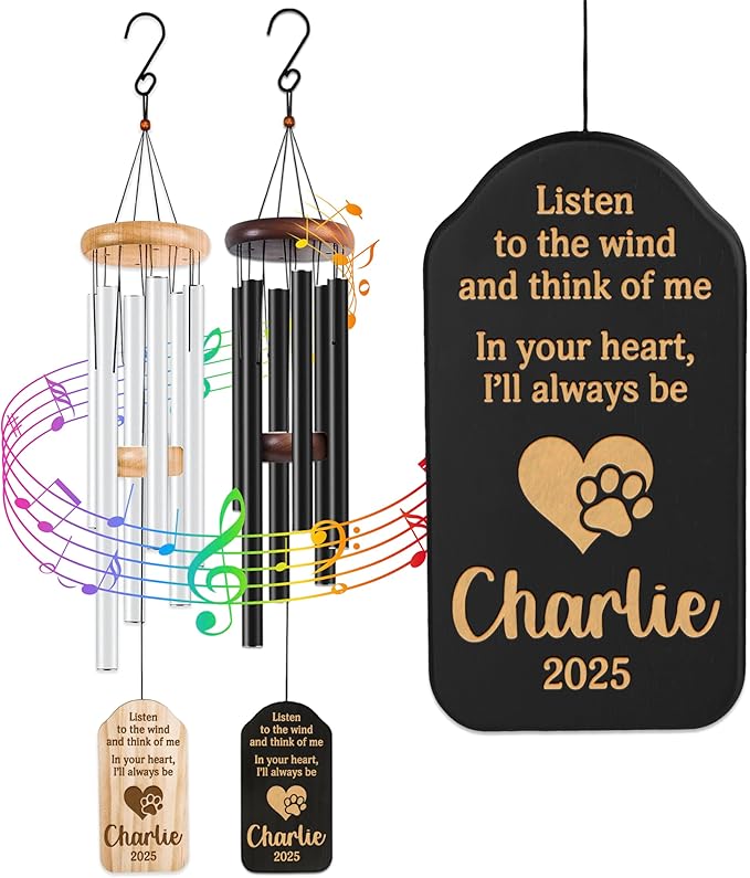 Personalized Dog Memorial Gifts for Loss of Dog Wind Chime w/Name & Date, Listen to The Wind and Think of Me - Sympathy Gifts - 37" Custom Engraved Pet Memorial Wind Chime Gift- Black Color, D2