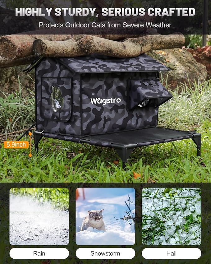 Large Heated Cat House for Outside with Dampless Deck, Highly Elevated, Exit-Only Door, Waterproof Insulated Outdoor Cat Shelter for Feral Stray Barn Cat