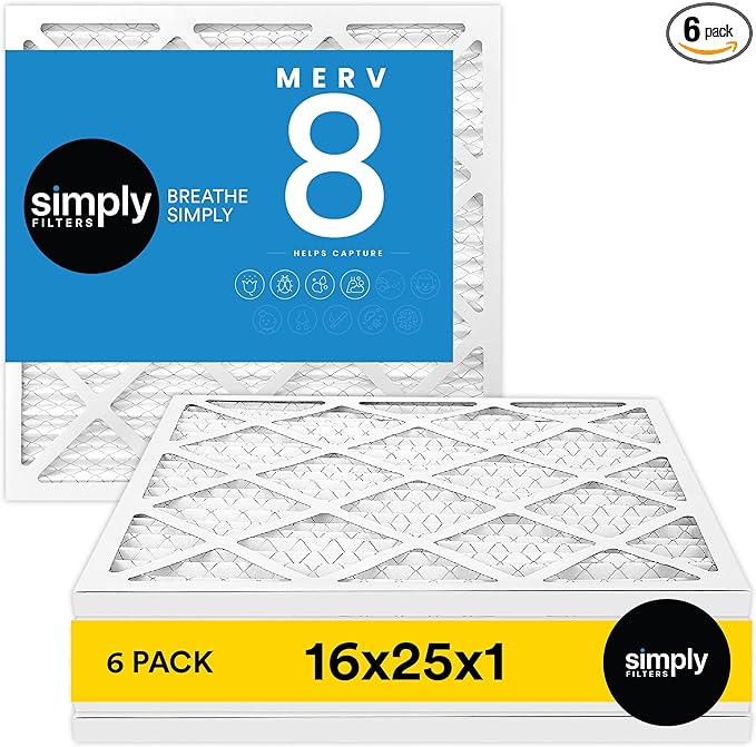 Simply 16x25x1 Air Filter, MERV 8, 6 Pack, For Home AC Furnace & HVAC (Actual Size: 15.75"x24.75"x0.75") DUST, Pet, & Allergy Control