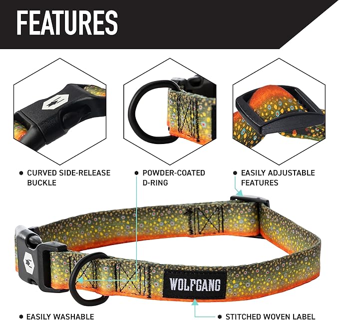 Wolfgang Heavy Duty, Adjustable Dog Collar with Quick Release Nylon Buckle for Walking & Training, BrookTrout Print, Large