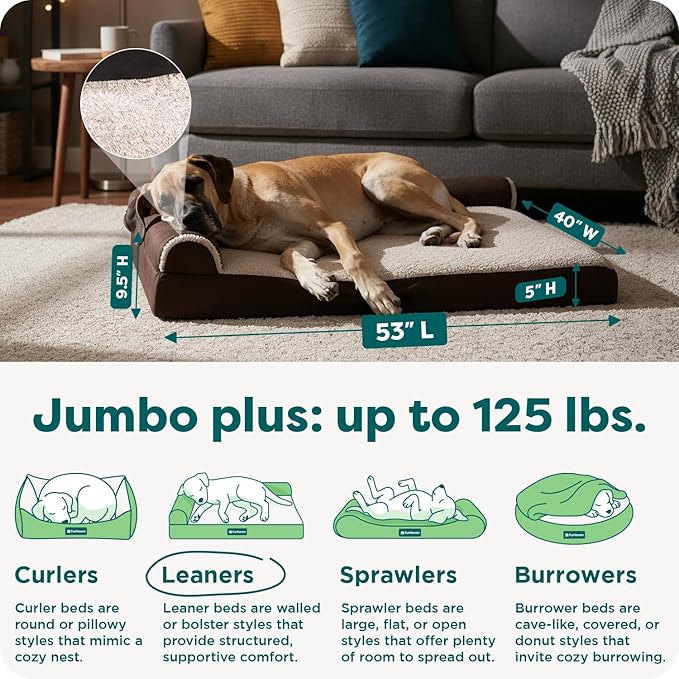 FurHaven Orthopedic Dog Bed for Large Dogs, L-Shaped Chaise Contour Mattress with Solid Orthopedic Foam Slab for Joint Support, Removable Washable Cover, Jumbo Plus/XXL, Faux Fur & Suede, Espresso