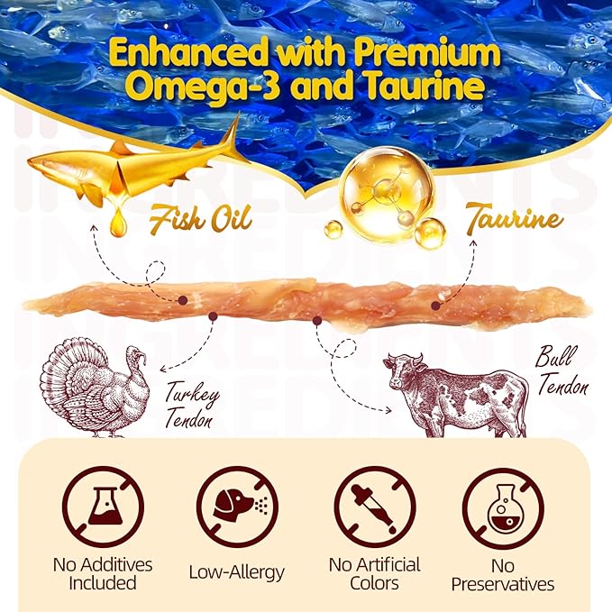 TailParty Turkey Tendons for Dogs with Fish Oil & Taurine: All Natural Dental Chew Stick & Puppy Training Treats Long Lasting Snack for Health-Conscious Pet Owners(Strip)