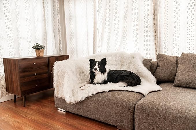 PAW BRANDS PupProtector Waterproof Throw Blanket for Dogs and Cats, Pet Blanket Cover for Couches, Sofas, Beds, Car Seats, Furniture, Calming Soft Faux Fur, Polar White, Original (60" L x 50" W)