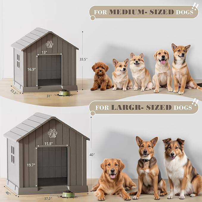 Fancyango Dog House Outdoor Indoor - Waterproof, Ventilated, Easy to Clean, Elevated Floor for Small-Large Dogs, Easy to Assemble (Grey, 31" L x 33.3" W x 33.5" H)