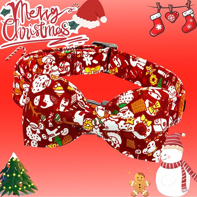 Lionheart glory Dog Bow Collar Red Christmas Santa Deer Print Dog Collar for Small Dogs Adjustable Soft Sturdy Girl or Boy Collars with Bowtie Fall Collar Bows