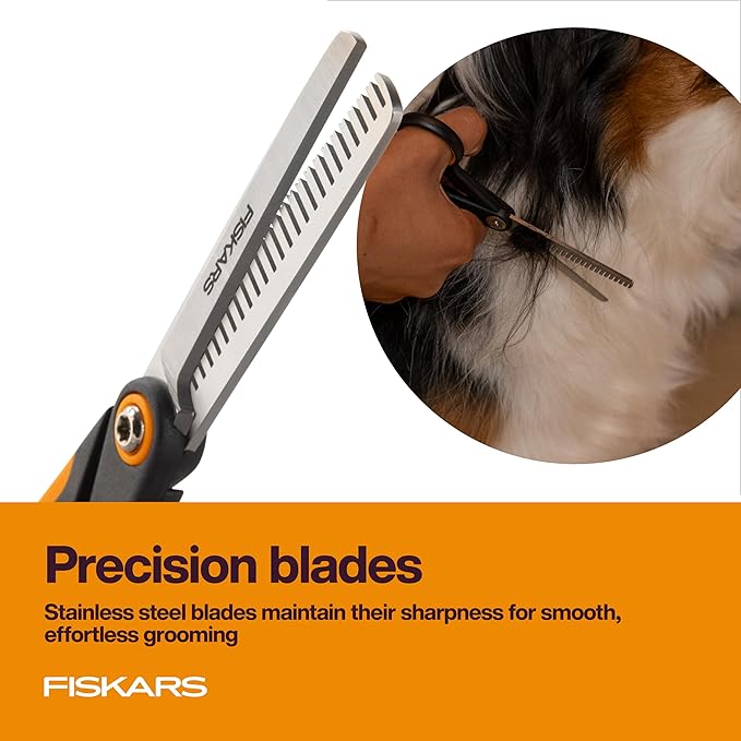 Fiskars Pet Blending Scissors, Dog and Cat Grooming Scissors, Serrated Teeth for Thinning & SoftGrip Handle, 6.5”, Orange/Black