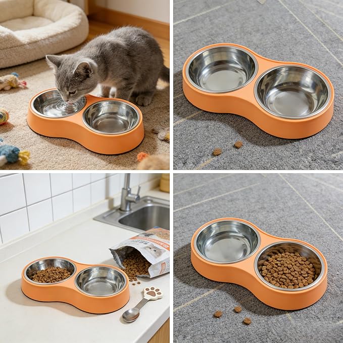 Small Orange Double Pet Bowl – Non-Slip Stainless Steel Food & Water Set for Cats, Kittens & Small Dogs, BPA-Free Mess-Free Feeding Dishes