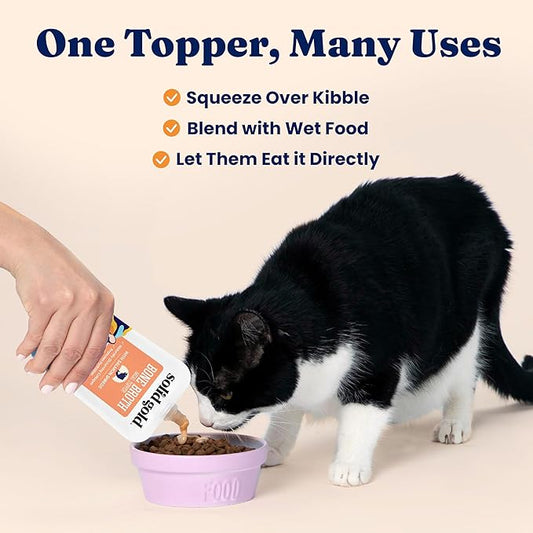 Solid Gold Bone Broth Cat Food Topper - Limited Ingredient Lickable Cat Broth Pouches w/Salmon Protein Shreds & Collagen for Hydration & Gut Support - Easy to Serve Gravy for Cats Meal Topper - 12ct