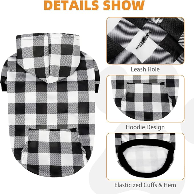 KOOLTAIL Plaid Dog Hoodie Pet Clothes Sweater with Hat and Pocket for Small Medium Large Size Dogs, Soft Winter Warm Dog Cold Weather Coat, Fleece Fall Dog Hooded Sweatshirt for Puppy Cats, White SM