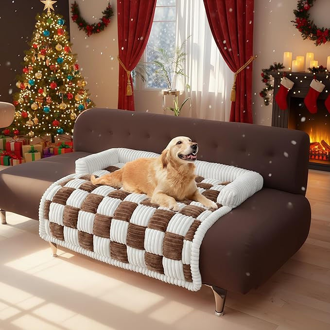 LiveGo Fuzzy Pet Couch Covers for Sofa, Dog Couch Cover Fuzzy Sofa Cover Cream Square Plaid Dog Bed Plush Dog Mat for Furniture Protector for Large Medium Dogs and Cats (Dark Brown, 29.5"*29.5")