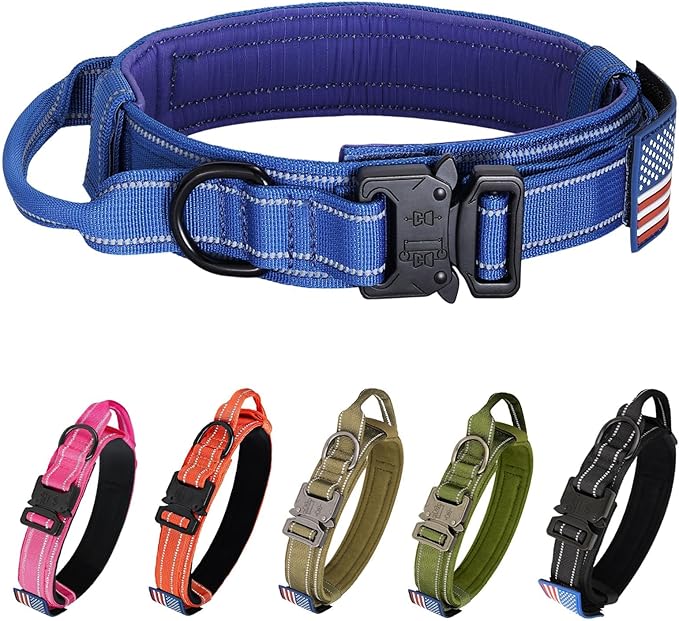 KCUCOP Tactical Dog Collar for Medium & Large Dogs - Military Nylon Heavy Duty Collar with Handle, Reflective Strip & Metal Buckle for Training, Outdoor (Dark Blue Reflective, Large)