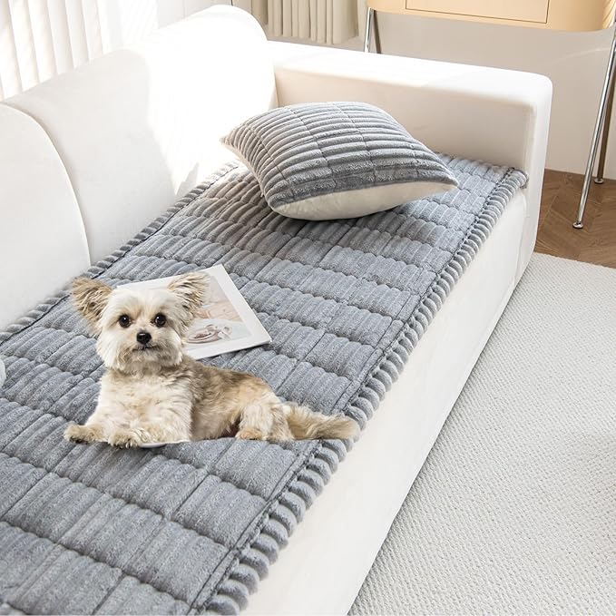 Faux Fur Plush Dog Couch Cover 3D Stripe Fuzzy Sofa Cover Non-Slip Fluffy Dog Bed Cover Pet Blanket Sofa Couch Furniture Protector for Puppy Large Dog Cat (Light Grey,28"x59")