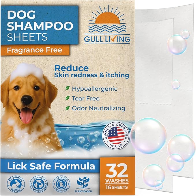 Gull Living 32 Washes Dry Shampoo Sheets for Dogs and Puppies - Water Activated Hypoallergenic Dog Shampoo Sheets - Lick-Safe, Tear-Free, Plant-Based Formula - Portable & Travel-Friendly, Easy to Use