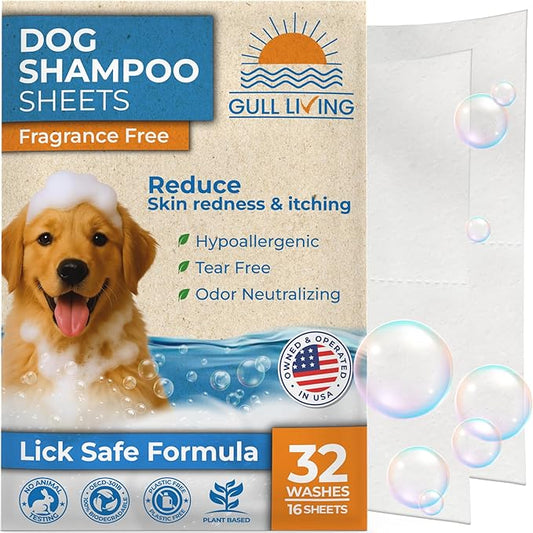 Gull Living 32 Washes Dry Shampoo Sheets for Dogs and Puppies - Water Activated Hypoallergenic Dog Shampoo Sheets - Lick-Safe, Tear-Free, Plant-Based Formula - Portable & Travel-Friendly, Easy to Use