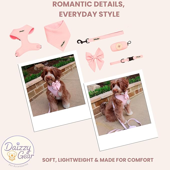 Large Dog Harness Set – Cute No Pull, All Weather, Breathable Harness and Leash Set with Collar, Bandana, Sailor Bow & Poop Bag Holder – Adjustable, Soft & Stylish – Pink Hearts on Jacquard Fabric