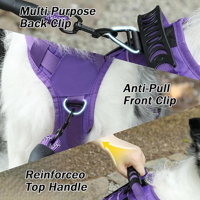 No Pull Tactical Dog Harness for Large Dogs, Escape Proof Molle Dog Vest Harness and Leash Set, Adjustable Military Service Dog Harness with Handle for Medium Large Dogs(Purple, L)